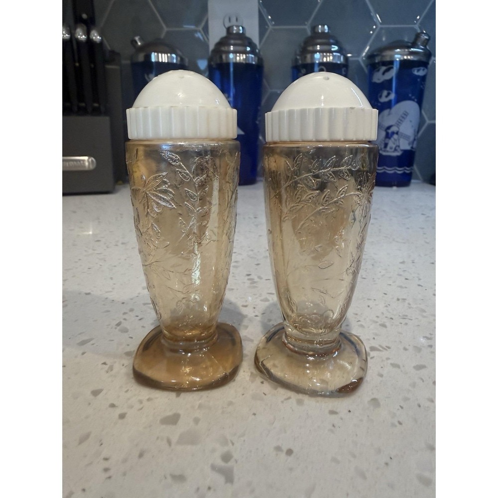 Jeannette Glass Floragold Salt And Pepper Shakers Good Lids Depression Glass